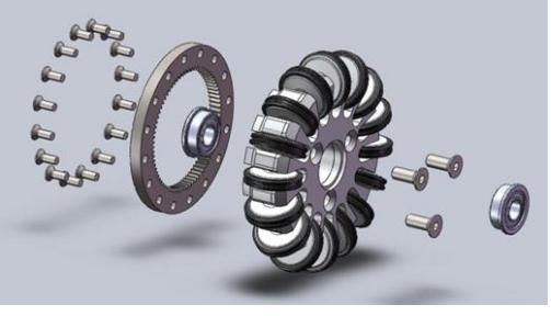 Fig. 3. (a) Driving package(left) (b) Wheel (right) (c) Detailed exploded view of wheel