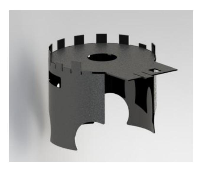 Fig. 2. Render of 2012 shield concept. The tabs fold down and are used as a gluing surface to bond to the top plate. The front also folds down to protect the electronics.
