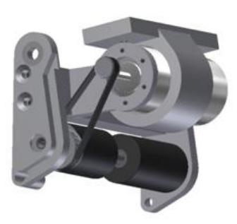 Dribbler and damper system showing the belt and pulleys connecting the motor to the dribbler bar