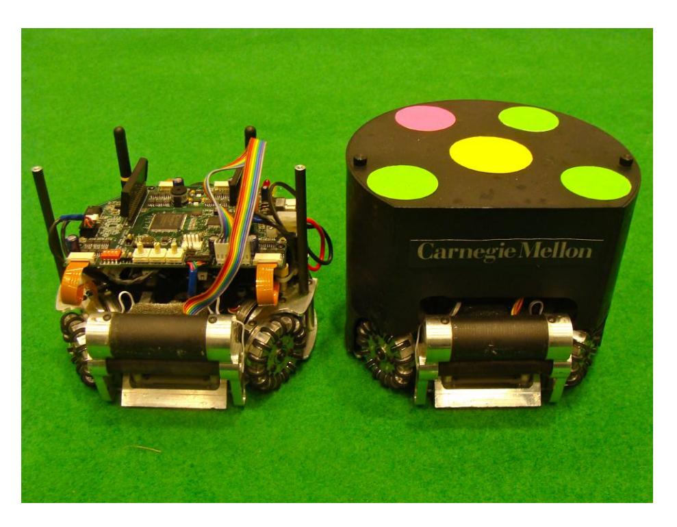 Fig. 1. A CMDragons robot shown with and without protective cover.