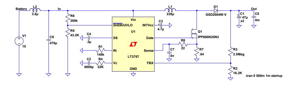 Fig. 6. Boost-Converter-Schematic in LTspice IV for the IC LT3537 [3].