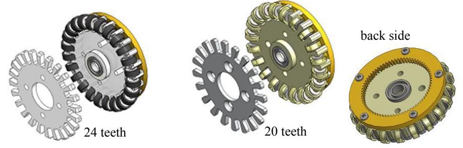 Fig. 7 Wheel actually used in RoboCup 2012 (right one). Left one with 24 small tires is for the test.