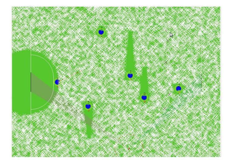 Moving obstacles and how we consider their speed to avoid collision, the white crosses are possible random states which is safe to go