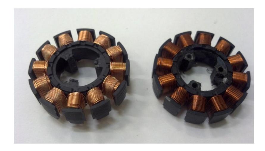 Maxon burned wending, also without attachment holes (left) and our handmade wending with attachment holes (right)