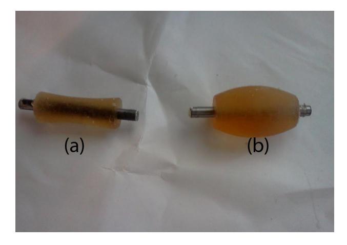 (a) and (b) show convex and concave geometries, respectively. The dribblers were 3-D printed from urethane.