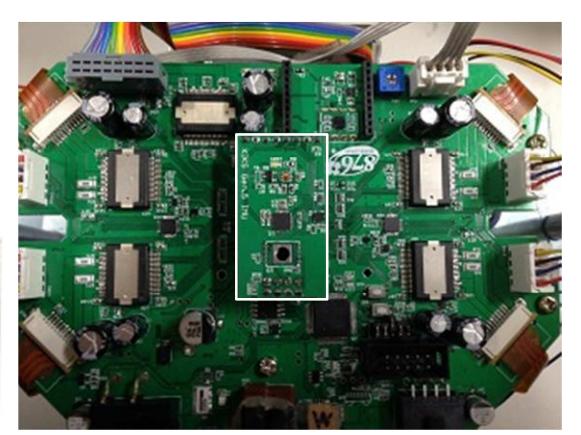 Fig. 5 New IMU circuit (left) and it mounted on FPGA (right)