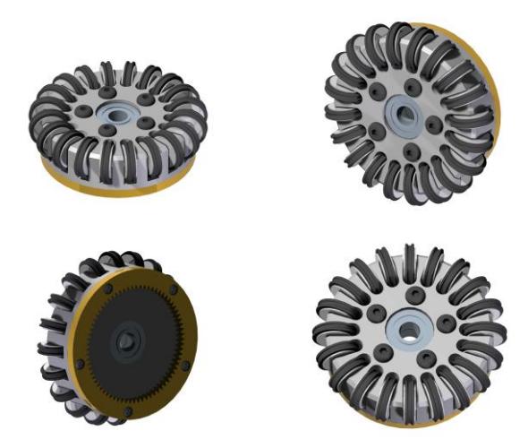 Fig. 3. Different views for the computational model of the new wheels of the STOx's 3 rd generation. Its diameter is larger than that of previous generations and it contains 5 more rollers