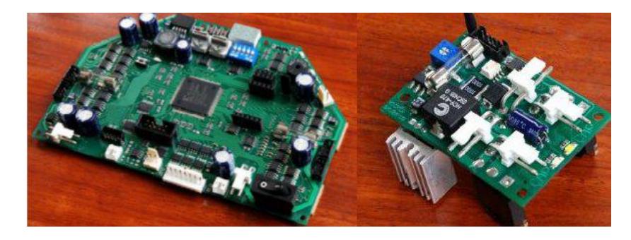 Fig. 2. Robot's controller, Left: Main electronic board, Right: Kicker board