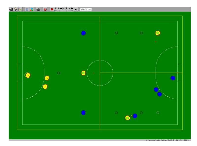 Offense robots of the yellow team (three rightmost yellow robots) are each assigned an attacking zone, delineated by yellow lines. Black circles show the set of possible default locations for each zone, while gray circles show the active default location for each offense robot.