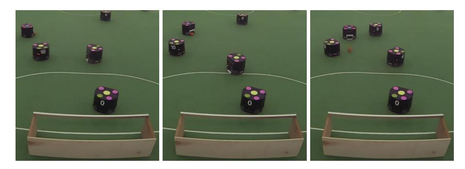 Our robot quickly turns while dribbling the ball after intercepting it, and shoots into the opponent's goal.