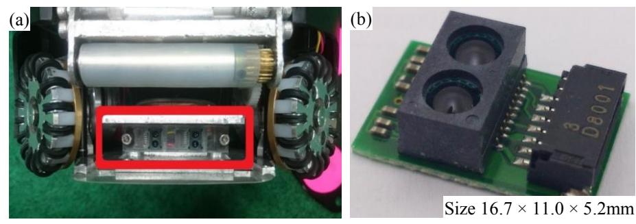 (a) new ball-sensor mounted on a robot and (b) distance measuring sensor unit [SHARP GP2Y0E03]