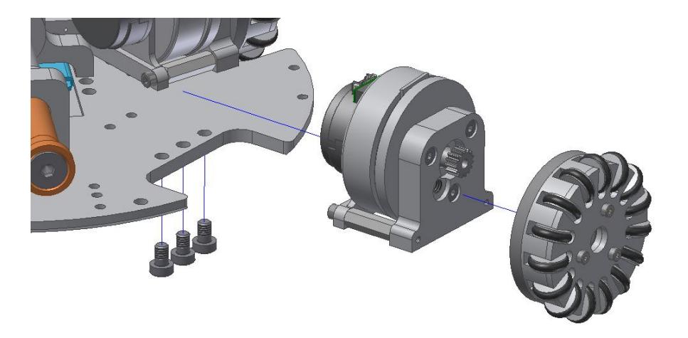 Fig. 1. Easy access: the whole motor block can be removed from the ground plate by loosen three screws. Unmounting the whole wheel is only a single screw.