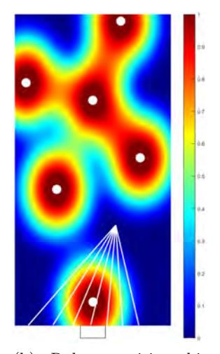 Fig. 7 (b) Robot position bivariate normal distribution graph with overlayed rays centered at the target rectangle visualizing the P(pass) algorithm. Opponent robots are shown as white circles.