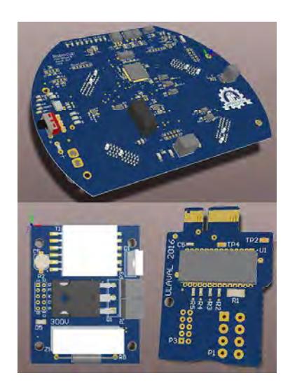 Fig. 8. 3D view of the Main Board (top), the kicker manager (bottom left) and motor drive (bottom right) boards