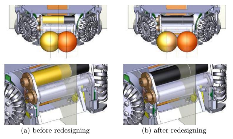 The old and new design of the dribbler (especially, the side brackets)