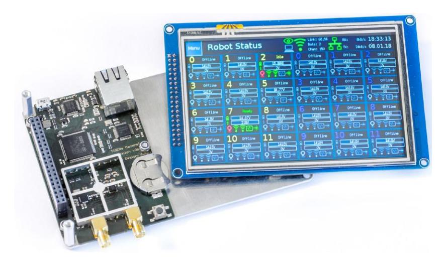 Base Station v2018 with exemplary display content showing all robots and an info bar on top.