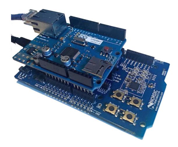 Fig. 5. A sender made by deploying an Arduino Ethernet Shield on a nRF52 DK board