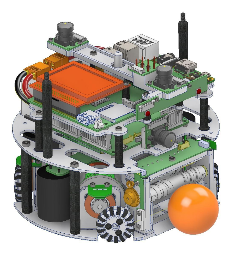 Fig. 1: CAD rendering of v2019 robot without case. The depicted configuration indicates three camera locations and one Raspberry Pi 3. Battery is located in the back of the robot.