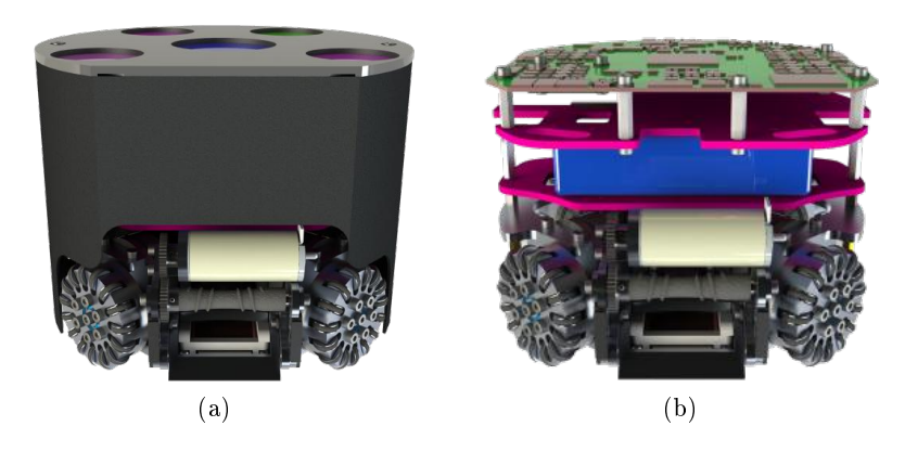 1st ITAndroids SSL robot. (a) with cover; (b) without cover.