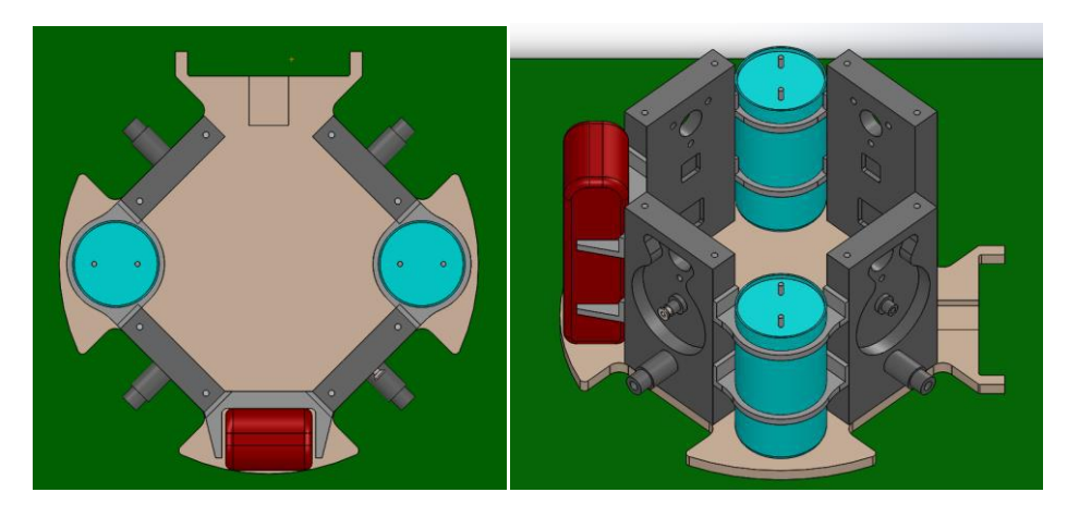 Capacitor and battery placement. The blue and red shape shows respectively, the capacitor and battery