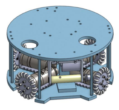 Fig. 1. Onshape rendering of chassis and motors, as well as kicker and basic dribbler.