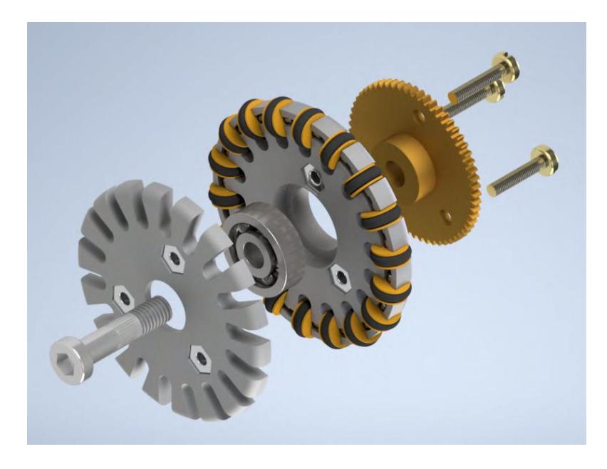 Fig. 3. Exploded view of our new omnidirectional wheel assembly.