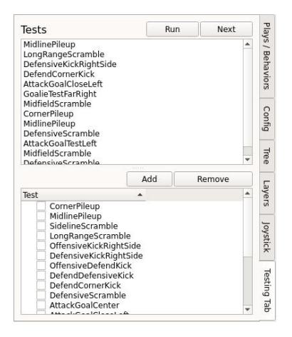 Fig. 5: The testing UI allows for plays in the bottom window to be added to the testing queue in the top window to be run