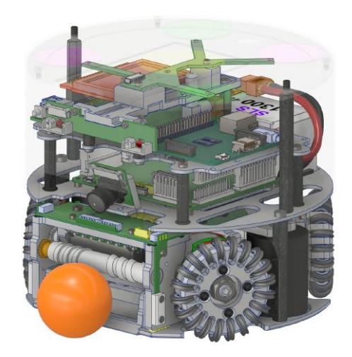 Fig. 1: CAD rendering of v2020 robot. Cover is shown transparently for a better view on the internals.