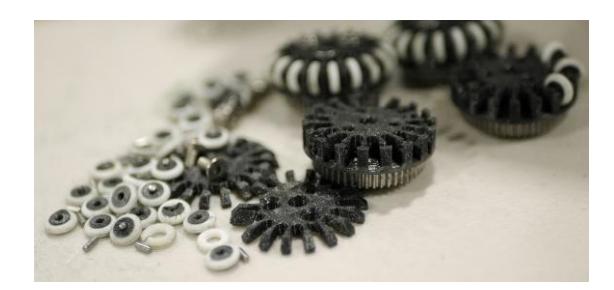 Fig. 3: v2019 robot wheels after RoboCup 2019 in Sydney. Most wheel covers are broken and could not retain their subwheels.