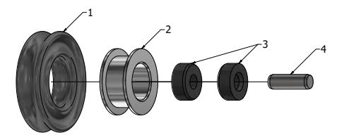 Fig. 5: Exploded view of v2020 subwheel. 1) X-Ring. 2) Roller body. 3) Friction bearings. 4) Dowel pin.