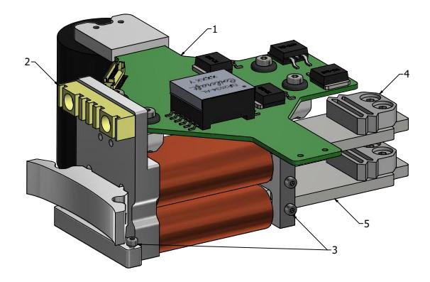 Fig. 6: v2020 kicker module. 1) Charging PCB with capacitors. 2) Damper for dribbling device. 3) Mount points for pull-back springs. 4) Printed plunger dampers. 5) Ferromagnetic plunger part.