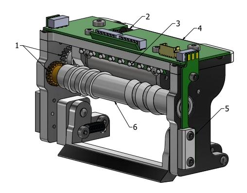 Fig. 7: v2020 dribbler. 1) Gear. 2) Temperature sensor. 3) Infrared (IR) scan array. 4) IR controller PCB. 5) IR barrier PCB and cover. 6) Roller with helix shape.