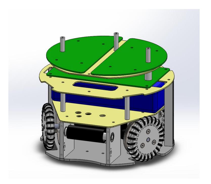 Internal mechanical assembly of the 2020 Warthog Robotics SSL robot.