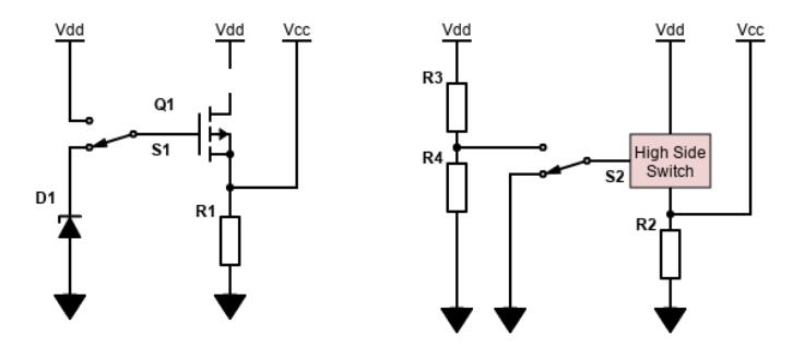 Different variants in actuating our main switch. Using a Z Diode on the left, using a smart power switch on the right