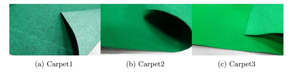 Carpets used in the experiment for a ball-holding performance