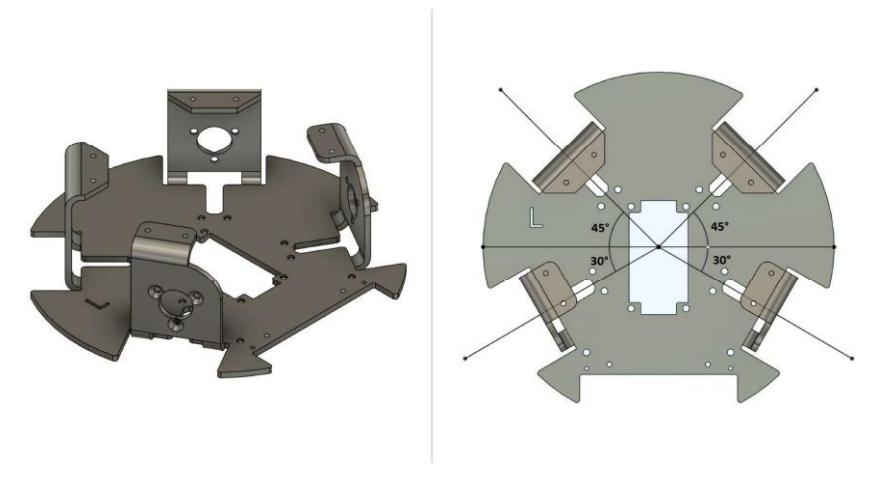 Fig. 3: Base plate design with angles of the motor mounts to each other