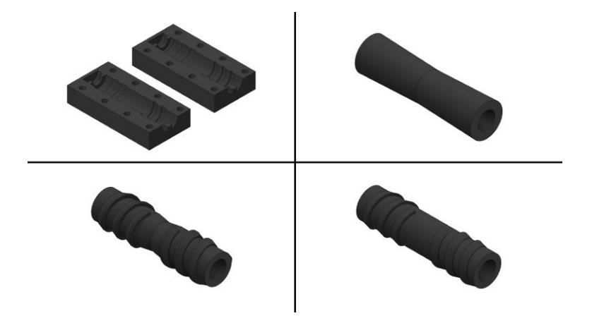 Fig. 1. 3D printed mold halves and dribbler prototype iterations