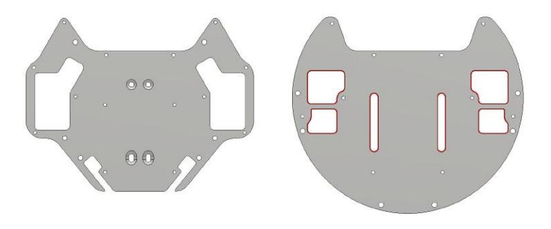 Fig. 4. A visual comparison between the midplate for 2021 (left) and 2022 (right). Dedicated wiring channels are outlined in red.