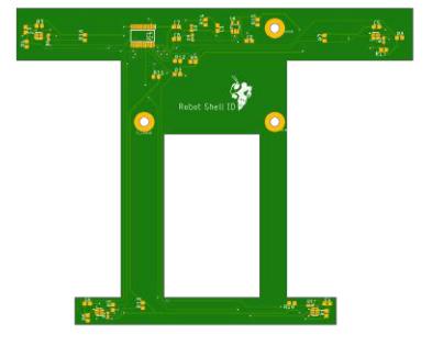 Fig. 9. The new board used for automatic ID assignment. The four TSL2572 sensors are located on the top and bottom corners of the board, below the colored papers used for robot identification.