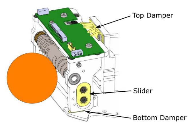 Fig. 1: Updated dribbler structure with damping elements highlighted in yellow.