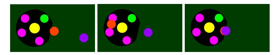 Fig. 7: Ball raw detections (purple) and tracked ball (orange) when a ball is stopped by a stationary robot. The time series goes from left to right. The ball initially has a velocity towards the robot.