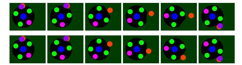 Fig. 9: Raw detections and tracked state when a robot rotates with the ball in the dribbler. The upper row shows the behavior without specialized handling for rotating, while the lower row shows the filter with the additional check.