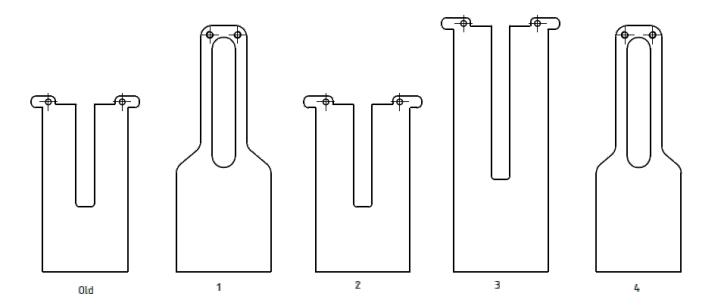 Fig. 3: Various plungers for test purposes: Plungers number 1, 2 and 3 are 3.2 mm wider than the old plunger and plunger number 4.
