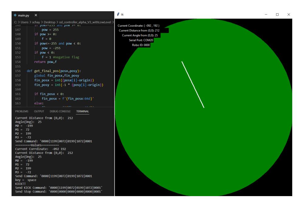 Fig. 12. The graphical user interface of the OCST and its output commands sent printed on the program terminal