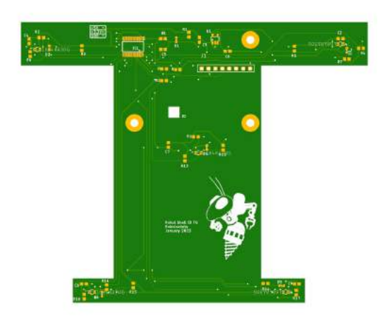 The new board used for automatic ID assignment. The four VEML6040 sensors are located on the top and bottom corners of the board, below the colored papers used for robot identification.