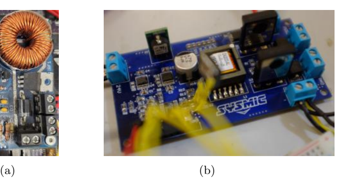 Former kicker boards. (a) was a simple boost used from 2015 to 2018. (b) was the board used from 2019 to 2020, but generates noise on the system.