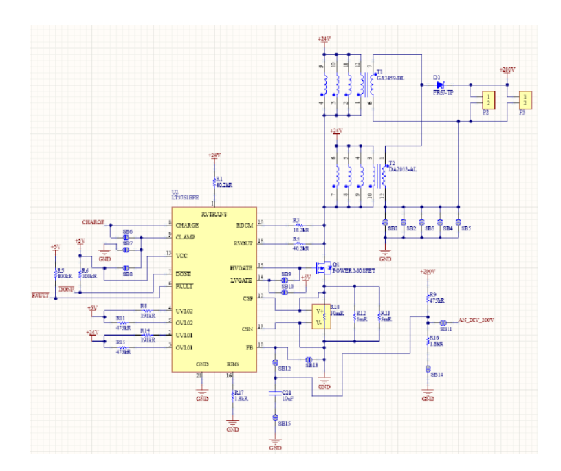 Main circuit schematic for charging capacitor on kicker board.