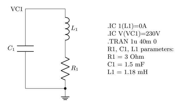 LTspice circuit for simplified RLC model of the kick system wiht simuation parameters and command