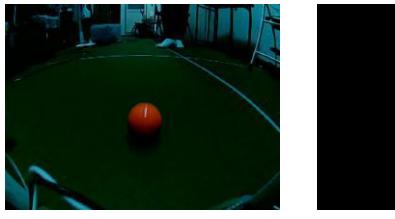 Fig. 6: The images obtained from the camera and processed by the system. (a) The raw image from the camera. (b) The difference between Cb and Cr signals (c) The estimated position of the ball