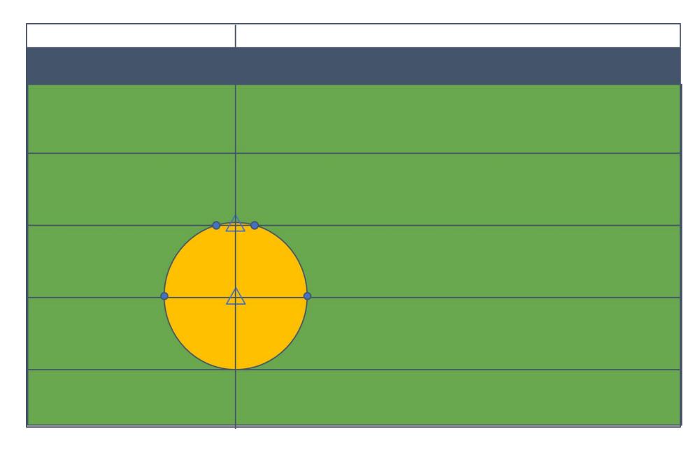 Fig. 7: The image of the edge detection. The horizontal lines are manually set beforehand, and the image is scanned along the lines. After detecting the edges in the horizontal direction(the blue points), the midpoints between edges are calculated(the triangles), and the vertical edges are scanned along the vertical lines passing through the midpoints. The midpoints of the detected edges are the candidates of the center of the ball.
